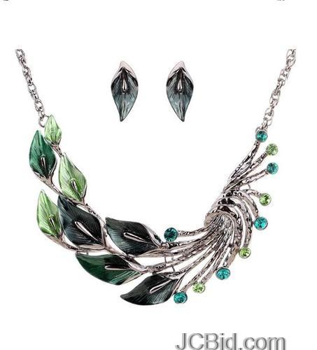 JCBid.com Green-Hemitite-Leaf-and-Feather-Design-Necklace-set