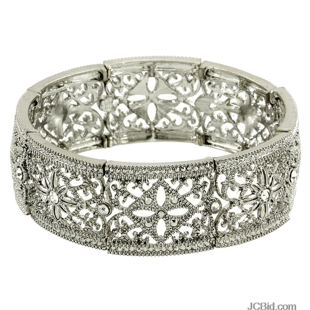 JCBid.com -Beautiful-filigree-Stretch-Bracelet-Silver-Tone-with-Crystals